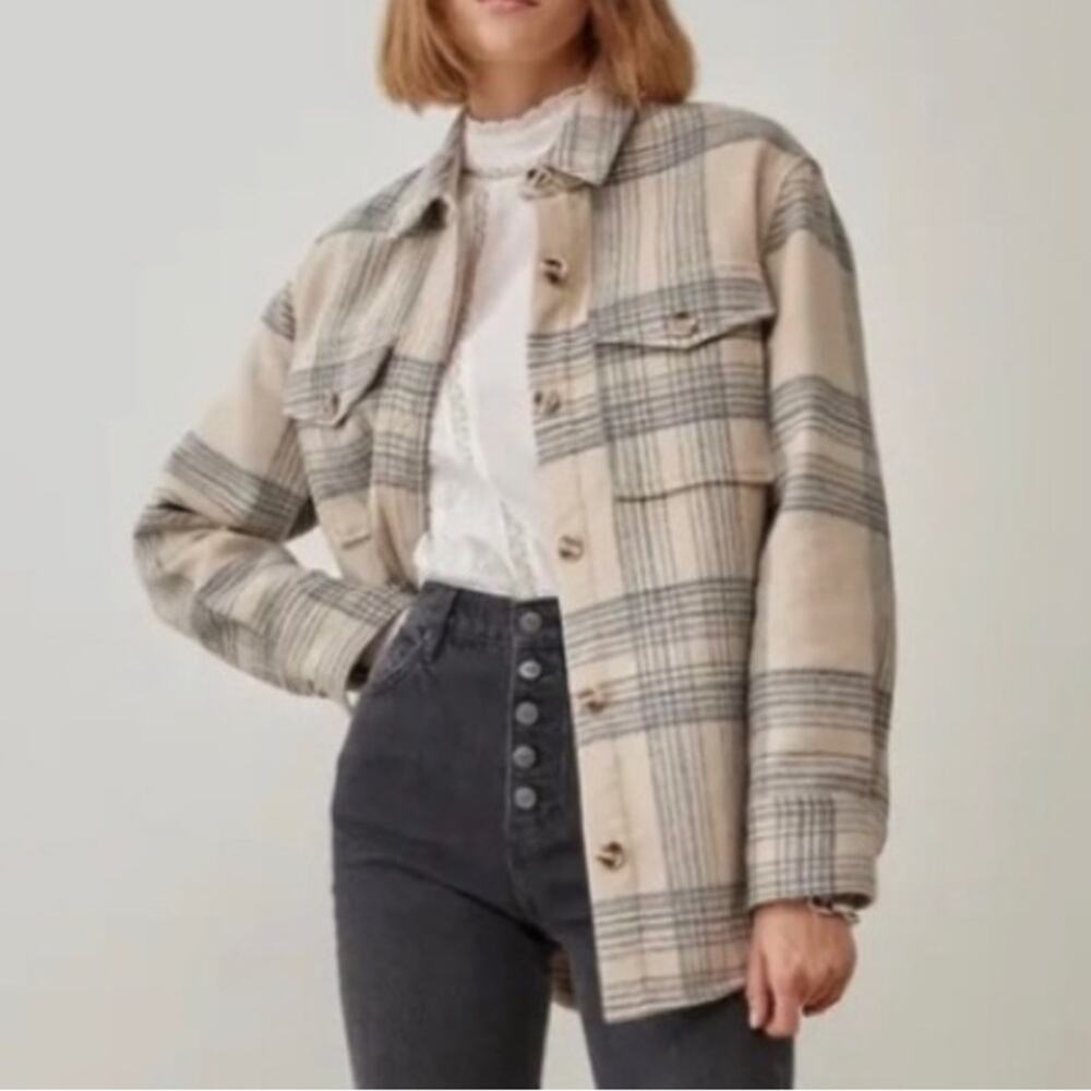 Reformation Giles Plaid Beige Gray Heavyweight Shirt Jacket Cozy Shacket Sz M